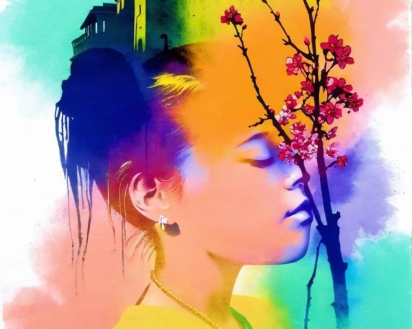 Young girl in profile with vibrant, dreamlike background