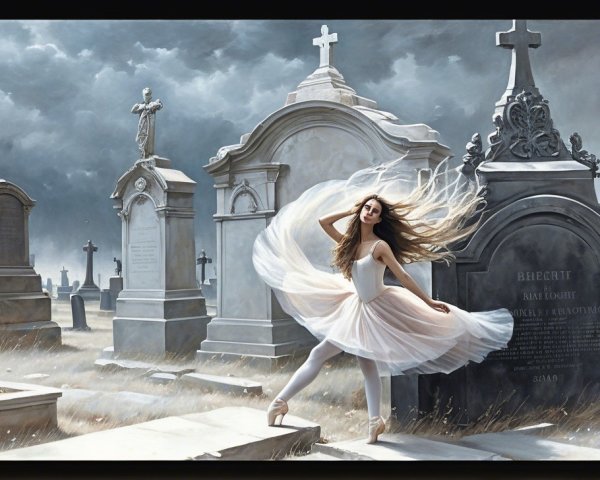 Ballet Dancer in Graveyard with Dramatic Clouds