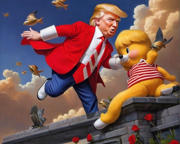 Whimsical Rooftop Scene with Cartoon Businessman and Toy