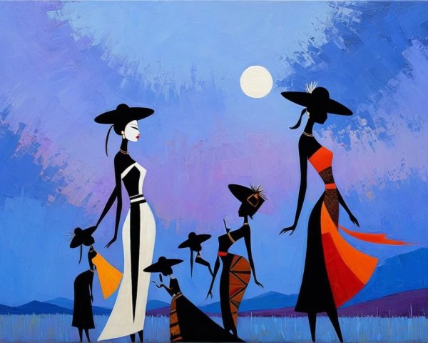 Oil Painting of Silhouettes Against a Mottled Sky