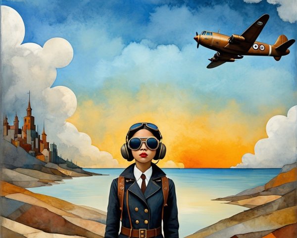 Young Girl in Vintage Pilot Outfit Against Sunset Landscape