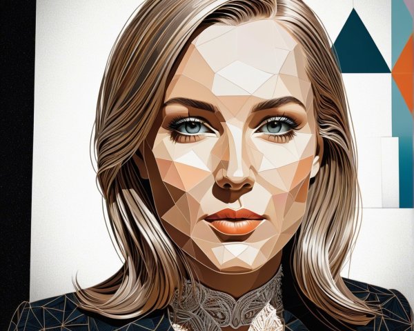 Stylized portrait of a woman with blue eyes and angular features