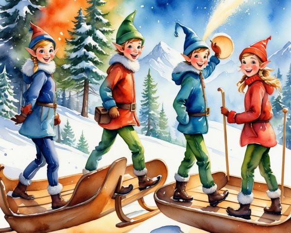 Elves Skiing and Sledding in a Snowy Landscape