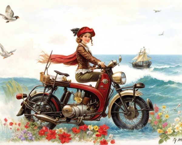 Cheerful woman on vintage motorcycle by seaside