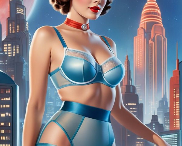 Retro Illustration of Glamorous Woman in Futuristic Setting
