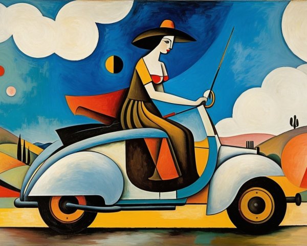 Modernist Painting of Woman on Vintage Scooter
