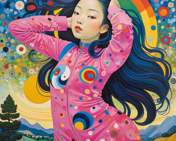 Vibrant Artwork of Young Woman in Colorful Landscape
