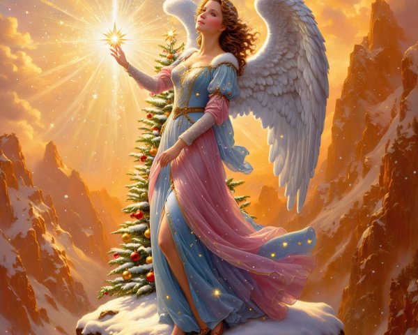 Angel on Snowy Mountaintop with Christmas Tree and Star