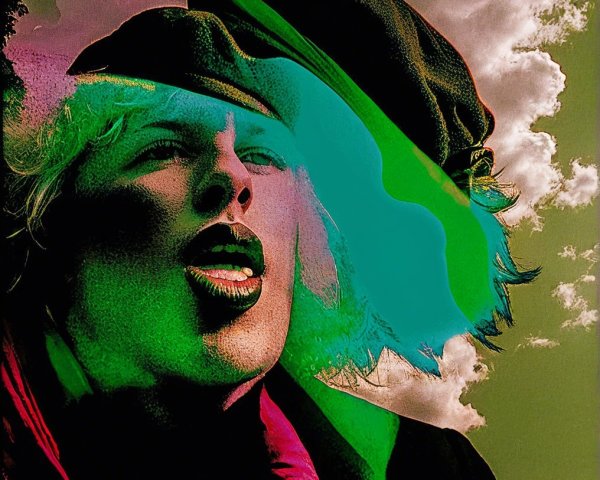 Blonde-haired person in black beret with vibrant colors