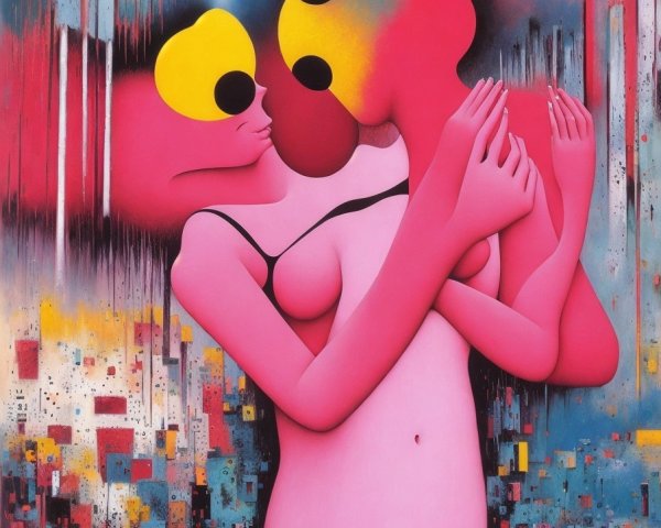 Stylized Embrace of Two Figures in Vibrant Pink