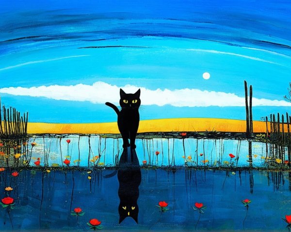 Serene Landscape with Cat by Reflective Water