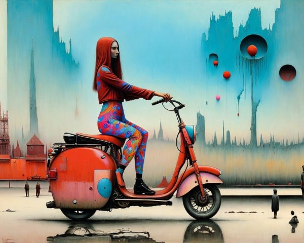 Young Woman with Pink Scooter in Colorful Urban Setting