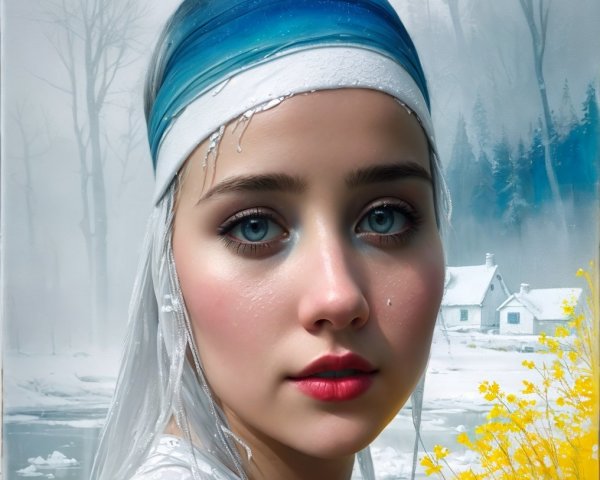 Young woman with blue eyes in winter landscape setting