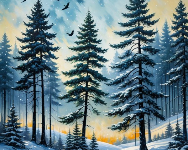 Winter Landscape with Snowy Forest and Warm Glow