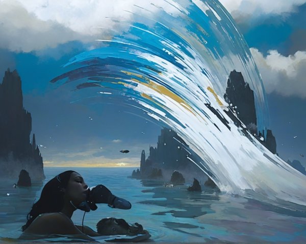 Underwater Scene with Woman in Wetsuit and Waves