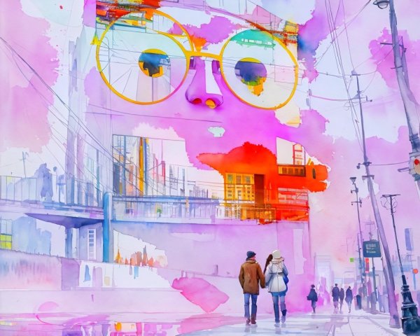 Watercolor City Scene with Couple and Surreal Elements