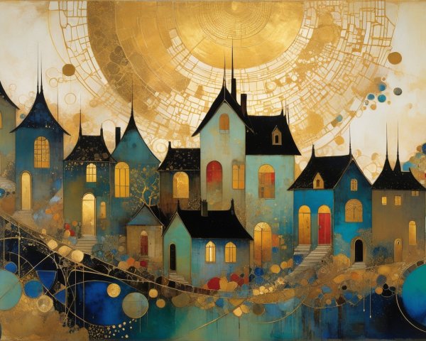 Abstract Painting of Whimsical Village with Colorful Houses