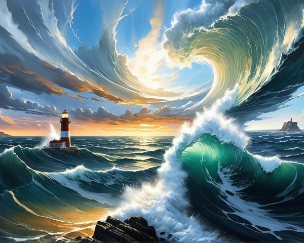 Dramatic Seascape with Lighthouse and Sunset Colors