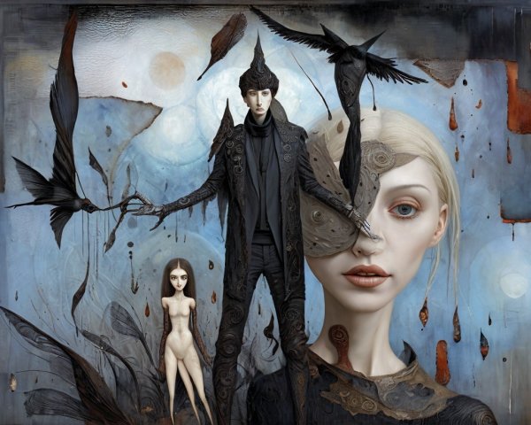 Surreal Artwork with Intricate Figures and Dark Elements
