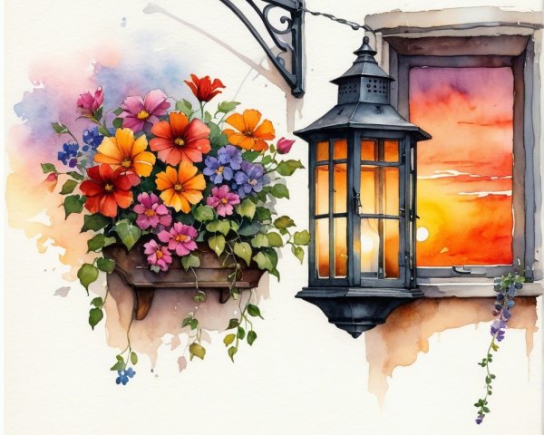 Rustic Lantern by Flower-Framed Window at Sunset