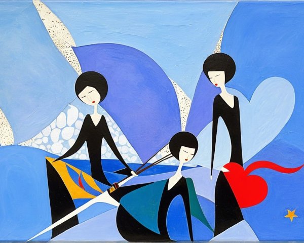 Stylized Figures in Dark Outfits Against Blue Background