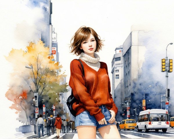 Young Woman in Red Sweater on Urban Street