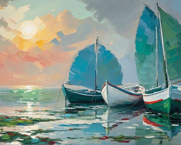 Sailboats Anchored in Calm Waters at Sunset