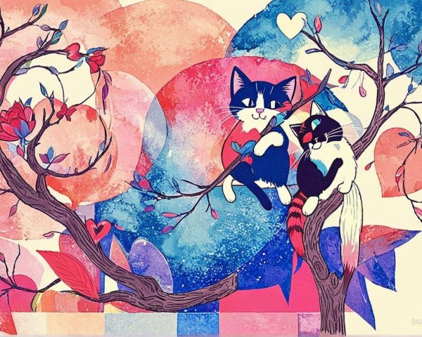 Whimsical Illustration of Playful Cats on Branches