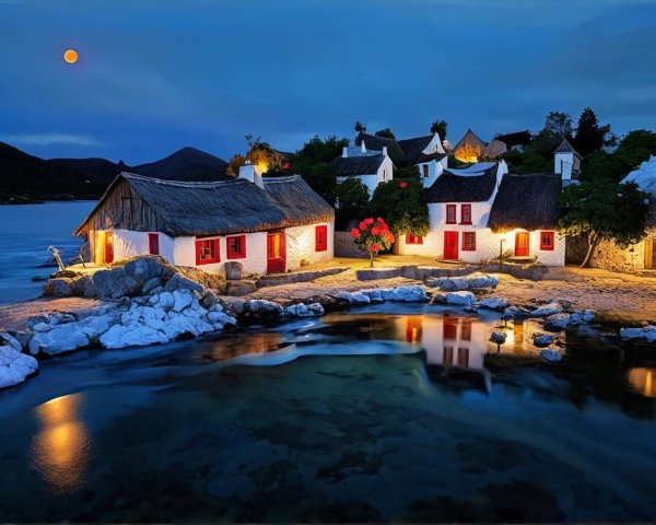 Twilight Village Scene with Cottages and Moonlight