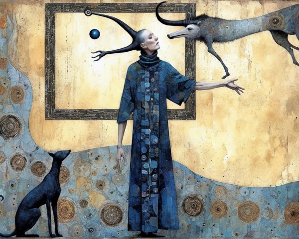 Surreal Scene with Figure, Abstract Shapes, and Creatures