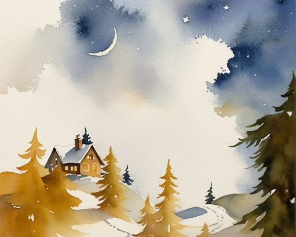 Cozy Cabin in a Snowy Winter Landscape at Night