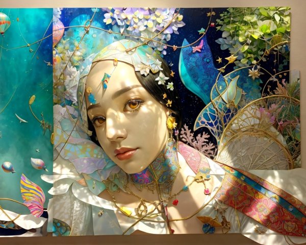 Colorful Artwork of Woman's Face with Floral Elements