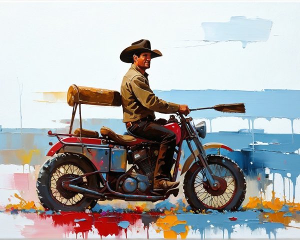 Cowboy on Vintage Motorcycle with Colorful Background
