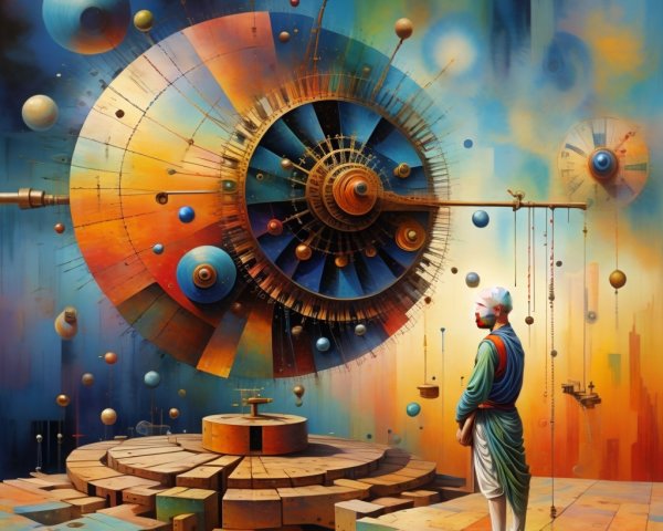 Surreal Scene with Historical Figure and Cosmic Clock