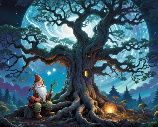 Gnome Illustration with Ancient Tree and Glowing Elements