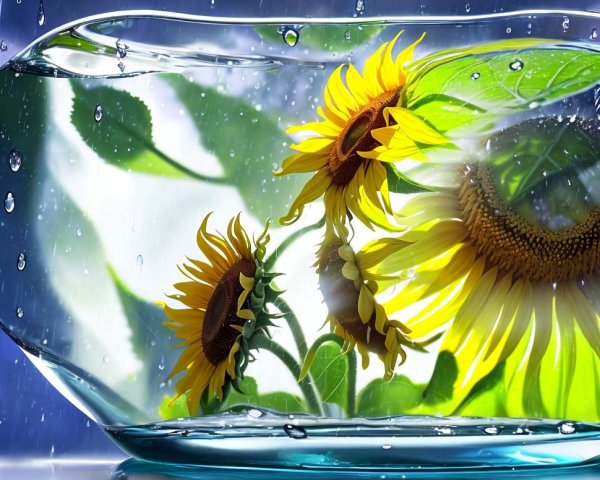 Sunflowers in Glass Vase with Raindrops and Stormy Sky