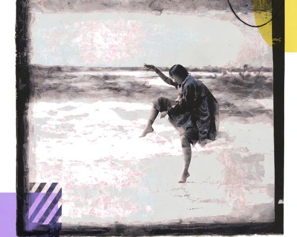 Playful Dance on Shoreline with Mixed Media Elements