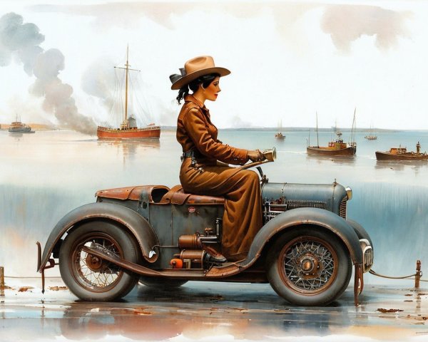 Vintage Elegance by a Serene Harbor with Classic Cars