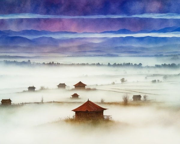 Foggy Landscape with Traditional Houses and Hills