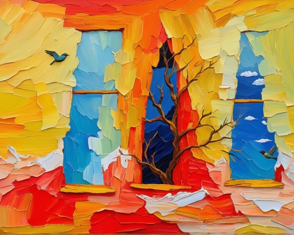 Vibrant Abstract Artwork with Colorful Backdrop and Birds