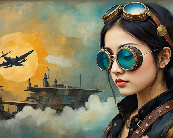 Young Woman in Aviator Goggles at Sunset Scene