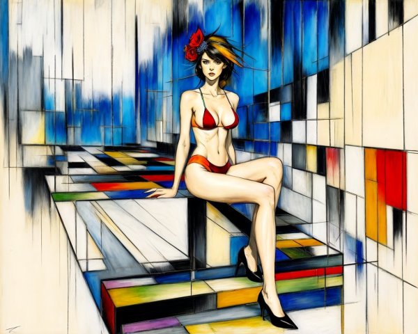 Stylized Illustration of Woman in Red Bikini on Staircase