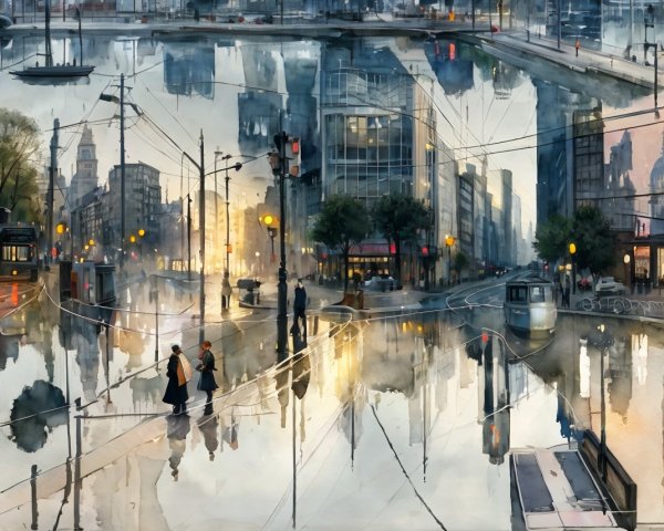 Serene Urban Dusk Scene with Flooded Street Reflections