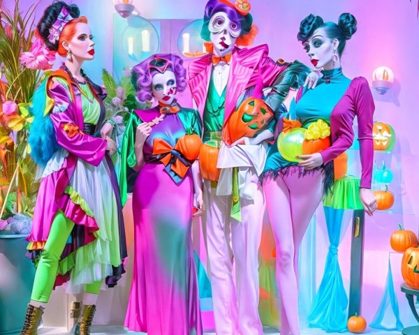 Vibrant Halloween Scene with Colorful Costumed Figures