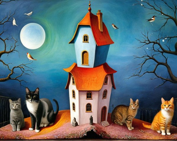 Whimsical House Scene with Cats Under Night Sky