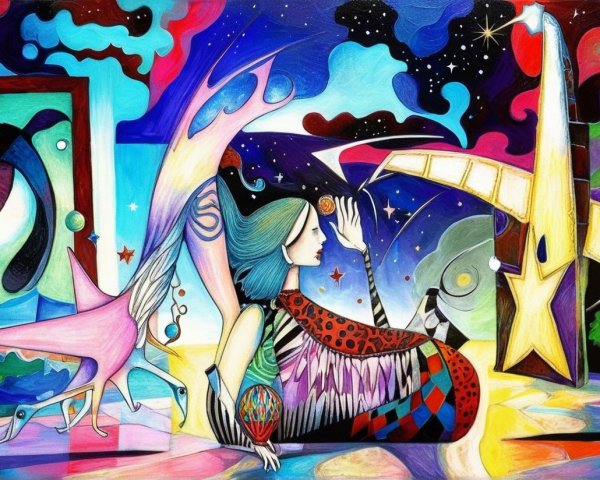 Surreal Landscape with Whimsical Elements and Stars