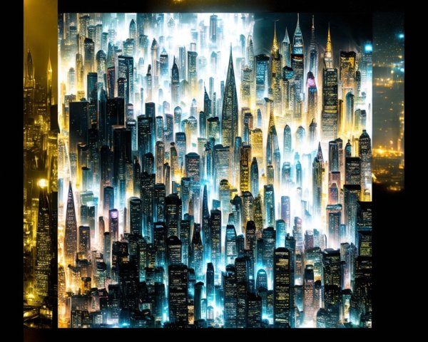Futuristic skyline with illuminated skyscrapers and energy