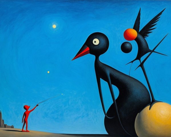 Surreal Landscape with Abstract Birds and Figures