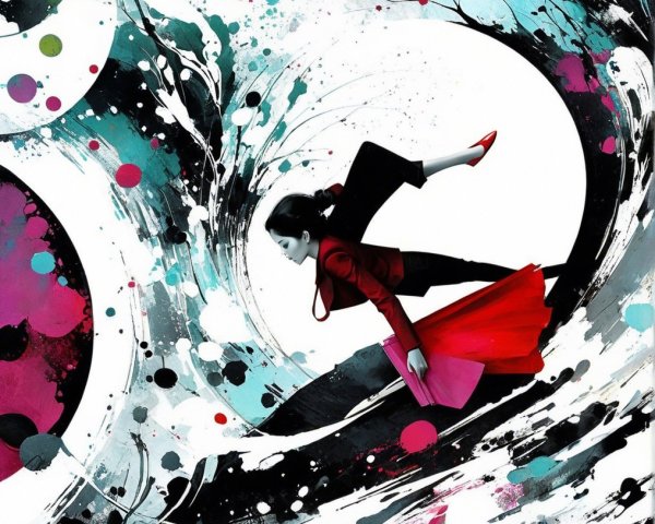 Vibrant Artwork of Figure in Red Skirt Amid Colors