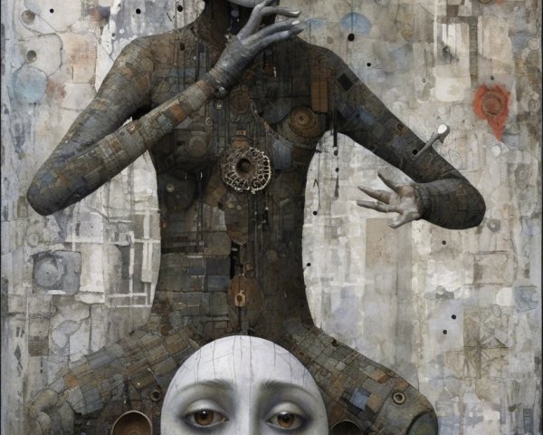 Surreal Artwork of Humanoid Figure with Geometric Patterns